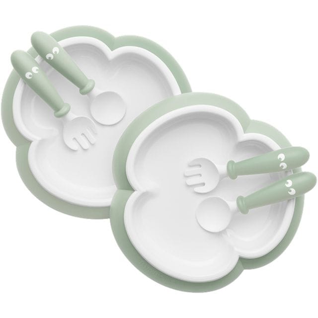 Barntallrik Med Sked Och Gaffel 2-Pack - Blekgrön