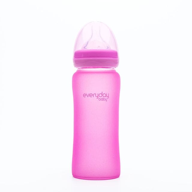 Nappflaska I Glas Med Värmeindikator 300ml - Rosa Everyday Baby